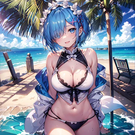 Anime girl in a bikini posing in the water near a beach - SeaArt AI