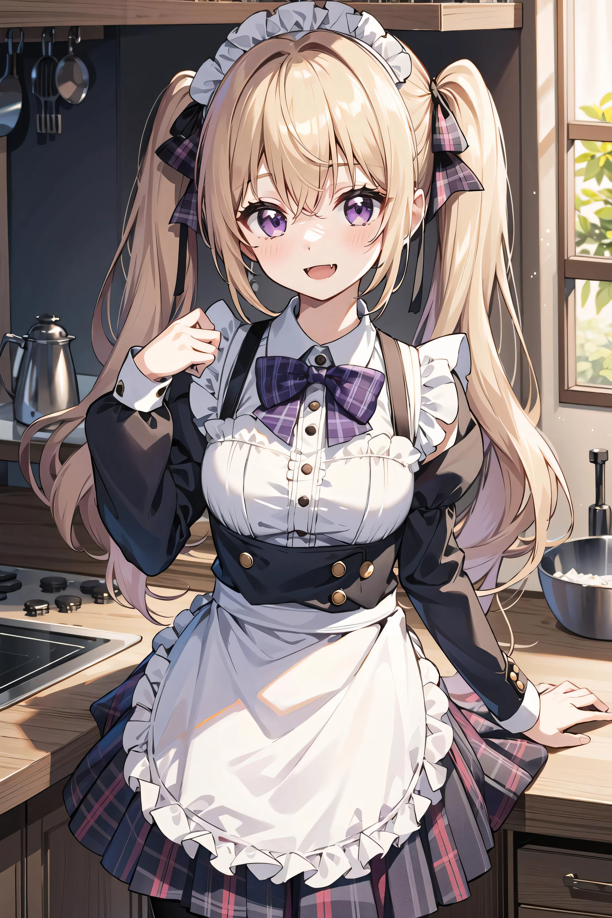 1girl, purple eyes, pantyhose, blush, long hair, twintails, plaid skirt, bow, solo focus, brown hair, bangs, hair between eyes, blue bow, open mouth,  smile, indoors,  fang, kitchen hood,very long hair, plaid bow, breasts, sleeves past wrists, blonde hair, housewife, apron, waist apron, fangs, maid, short pleated skirt