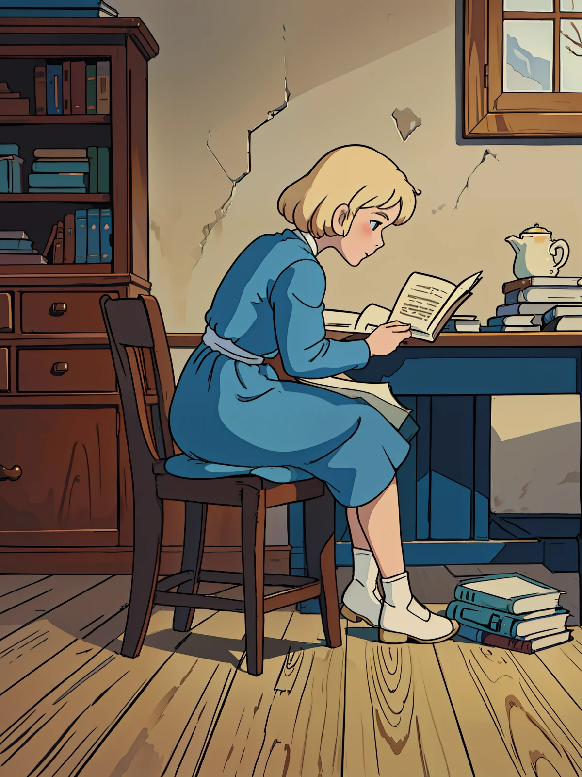 Clara, a blonde, brown-eyed girl, wears a blue dress with white details, sitting at a table, reading geographical books (best quality) (8k) (best rendering) (masterpiece) (perfect anatomy)