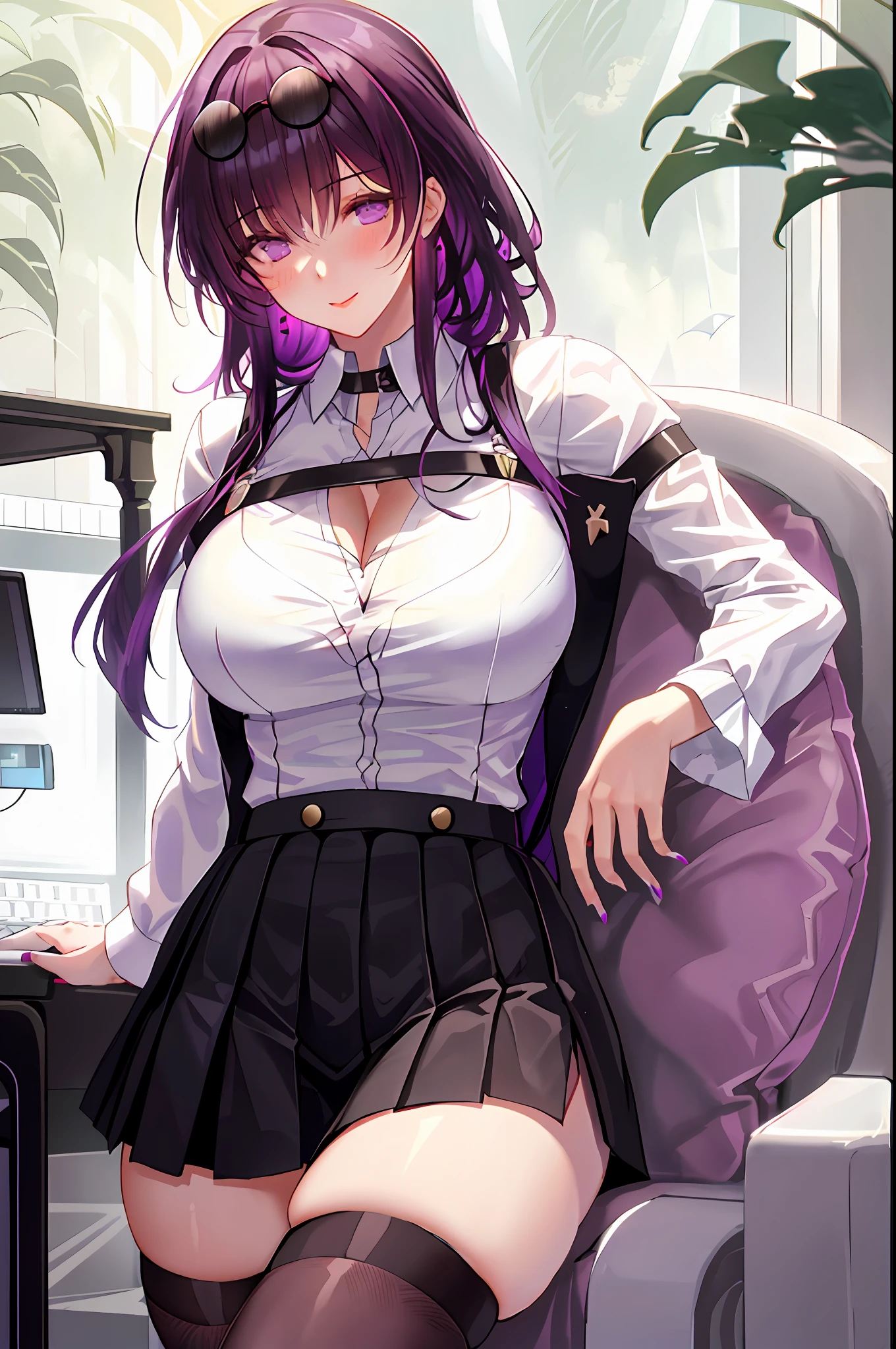 Kafka, 1girl, solo, ((white shirt)), black thighhighs, breasts, cleavage, uniform, office background, black skirt, pleated skirt, office, hair between eyes, sunglass on head, large breasts, long hair, looking at viewer, purple hair, purple short nails, purple eyes, solo, thighhighs, thighs, long hair, ((masterpiece)), sitting, chair, desk, computer on desk, name tag, id tag, indoor, blush, sexy pose,