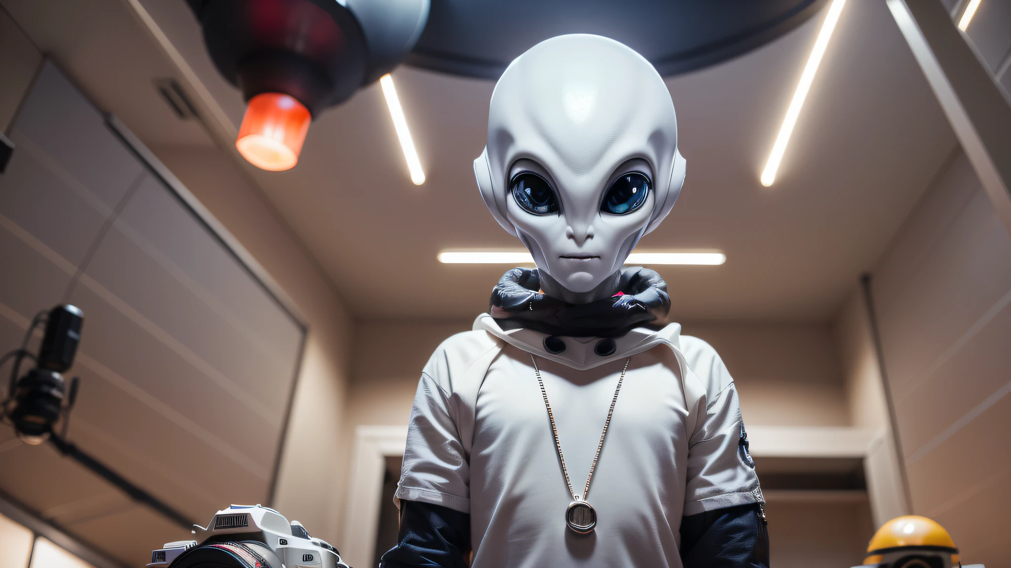 An alien, with albino and realistic skin, large head, short and thin neck, very large eyes and all black, which reflects the local lighting, a nose similar to that of humans but small, a mouth similar to that of humans but small, the body is thin and thin, the alien wears a white sleeve shirt with a letter made of small silver that appears to the right represented within a triangle of the same size, the clothing is inspired by the clothes used for surfing, the color to be used is red, pink chock and blue, as well as details of the environment, and manufactured with neoprene fabric, it is possible to notice a silver necklace hanging from his neck, with a pinjente in the triangular shape with an eye that sees everything in the center as a symbol. the alien is in a recording studio whose scenery is minimalist and features a gray background in gradient hue to circular white, the camera captures the image from the waist up, the alien presents friendly and light expressions, the alien interact with the camera always with a slight smile of satisfaction and tranquility,  The skin used and all the elements are of extreme realism, especially the skins, the lighting is an illumination inspired by the 80s.