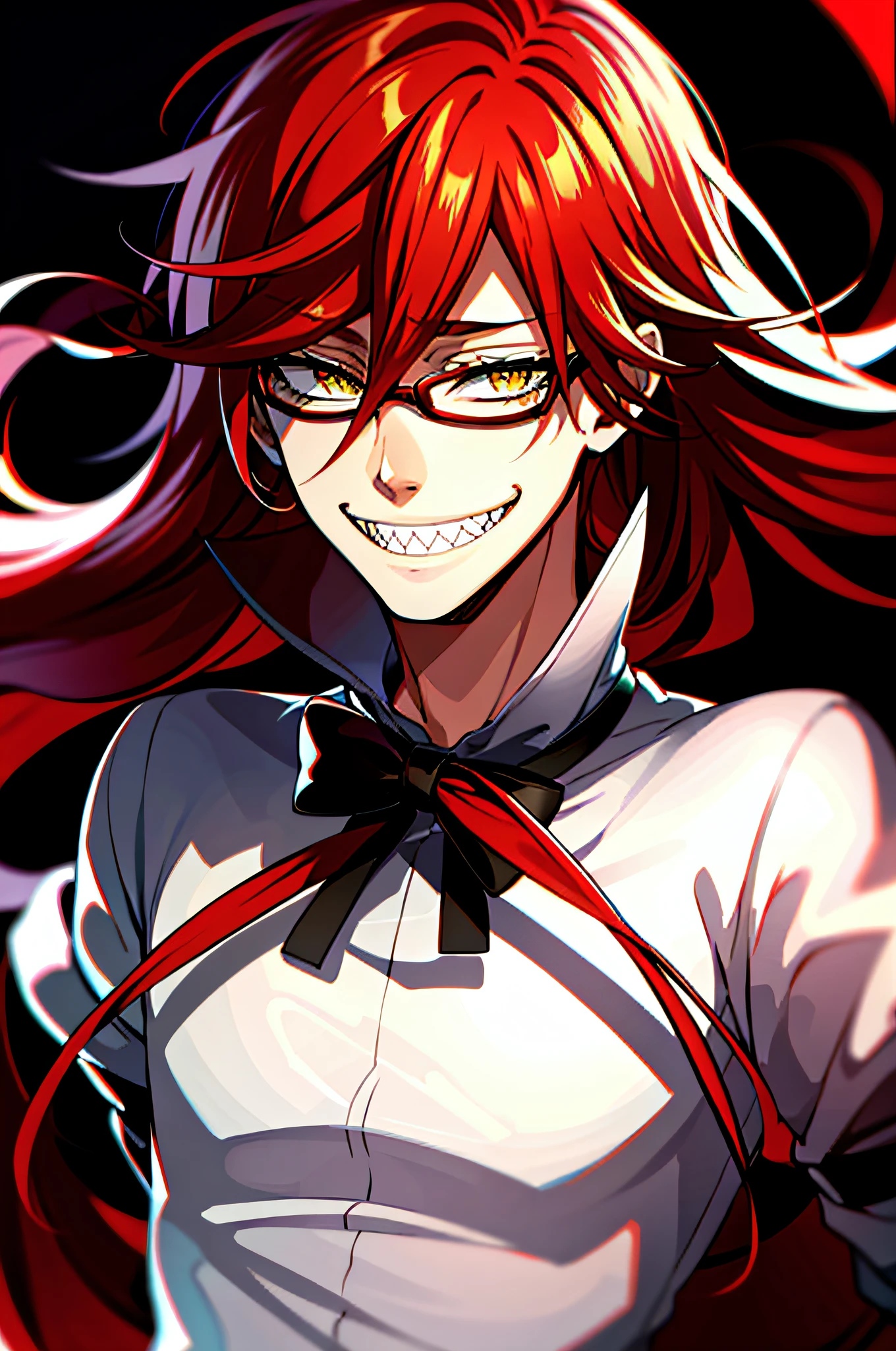 best quality, masterpiece, solo, 1boy,  smile,red hair, yellow eyes, portrait, sharp teeth,