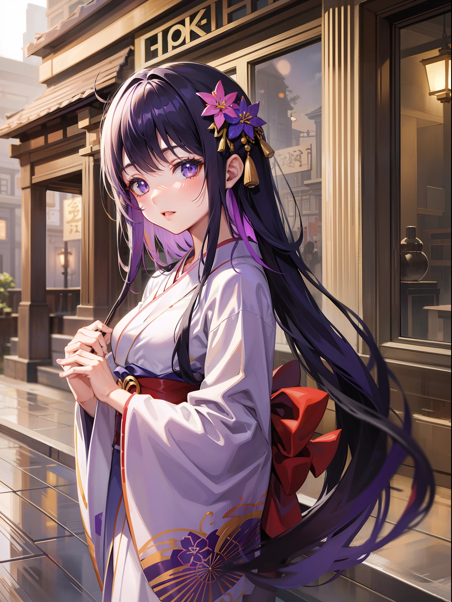 Hermoso [[Hermoso Japan]] chica con largo [[pelo largo y negro]] en estilo kimono Anime Girl, yuzen