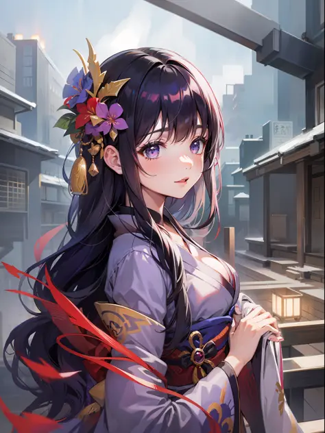 Beautiful [[Beautiful Japan]] girl with long [[long black hair]] wearing a kimono--style anime girl, Kuro Yuzen