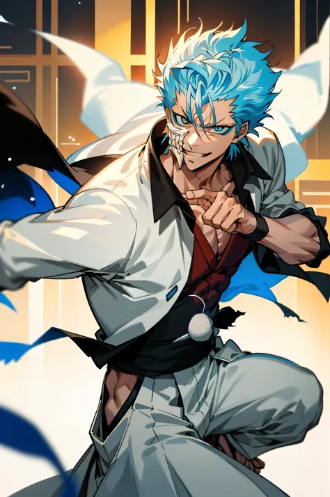 masterpiece, best quality, 1boy, grimmjow jaegerjaquez, at night, night, low light, natural light, fighting pose, white pants,  ...