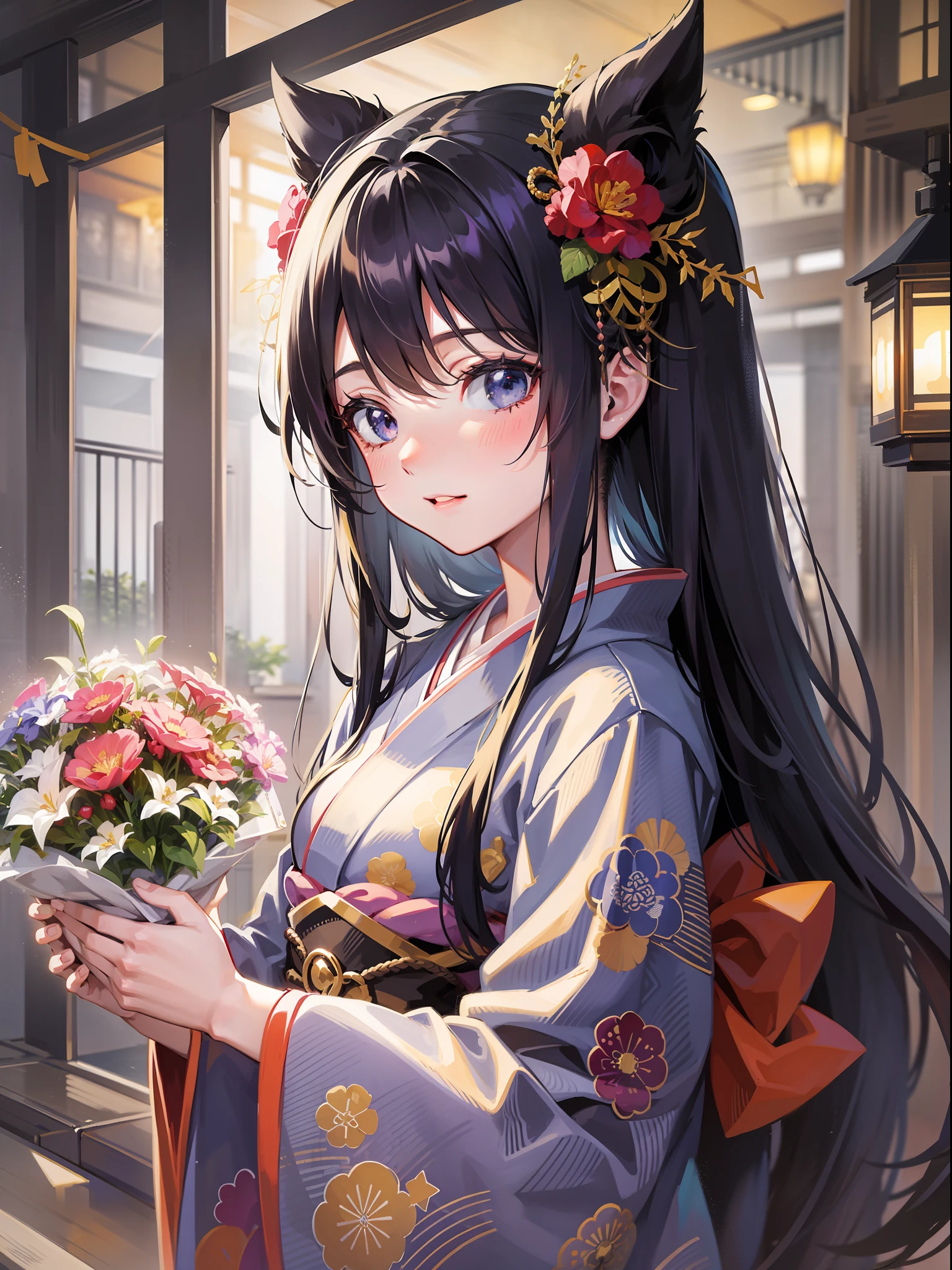 A beautiful [[beautiful Japanese]] girl with long [[long black hair]] wearing a kimono.--style Anime Girl