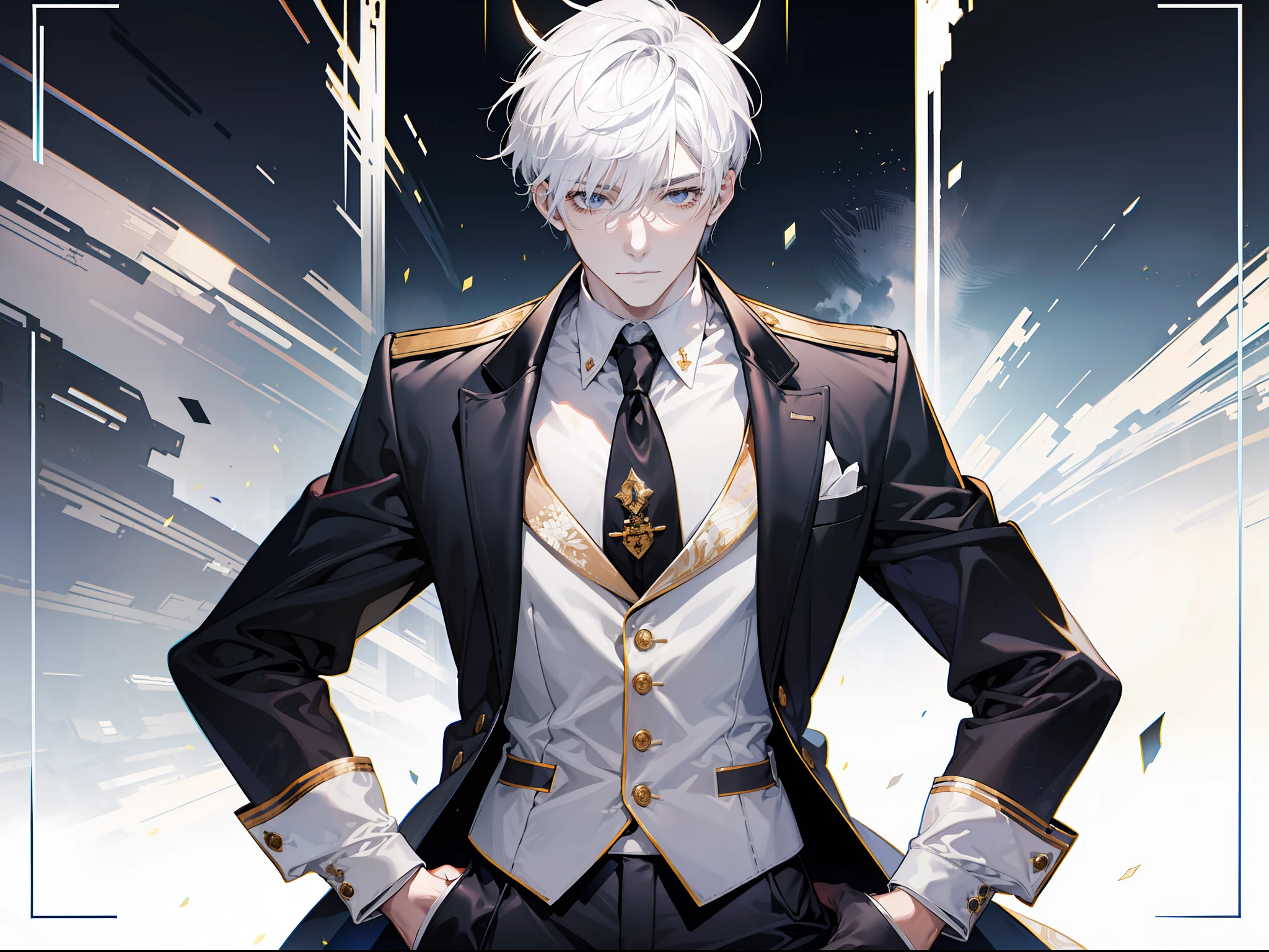 A man with short white hair, handsome and dashing, with a pair of tiger ears