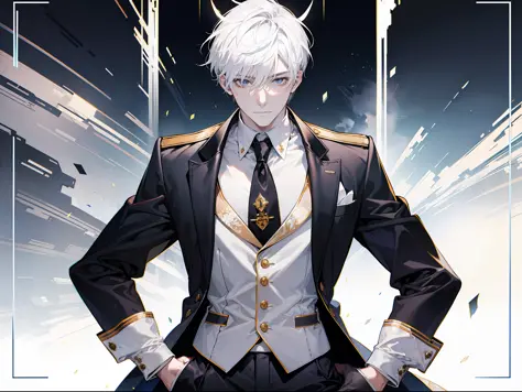 a man with short white hair, handsome and dashing, with a pair of tiger ears