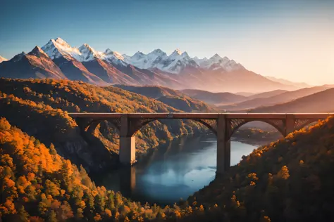 abstract landscape photograph with a winding (train bridge:1.2) through the mountains
