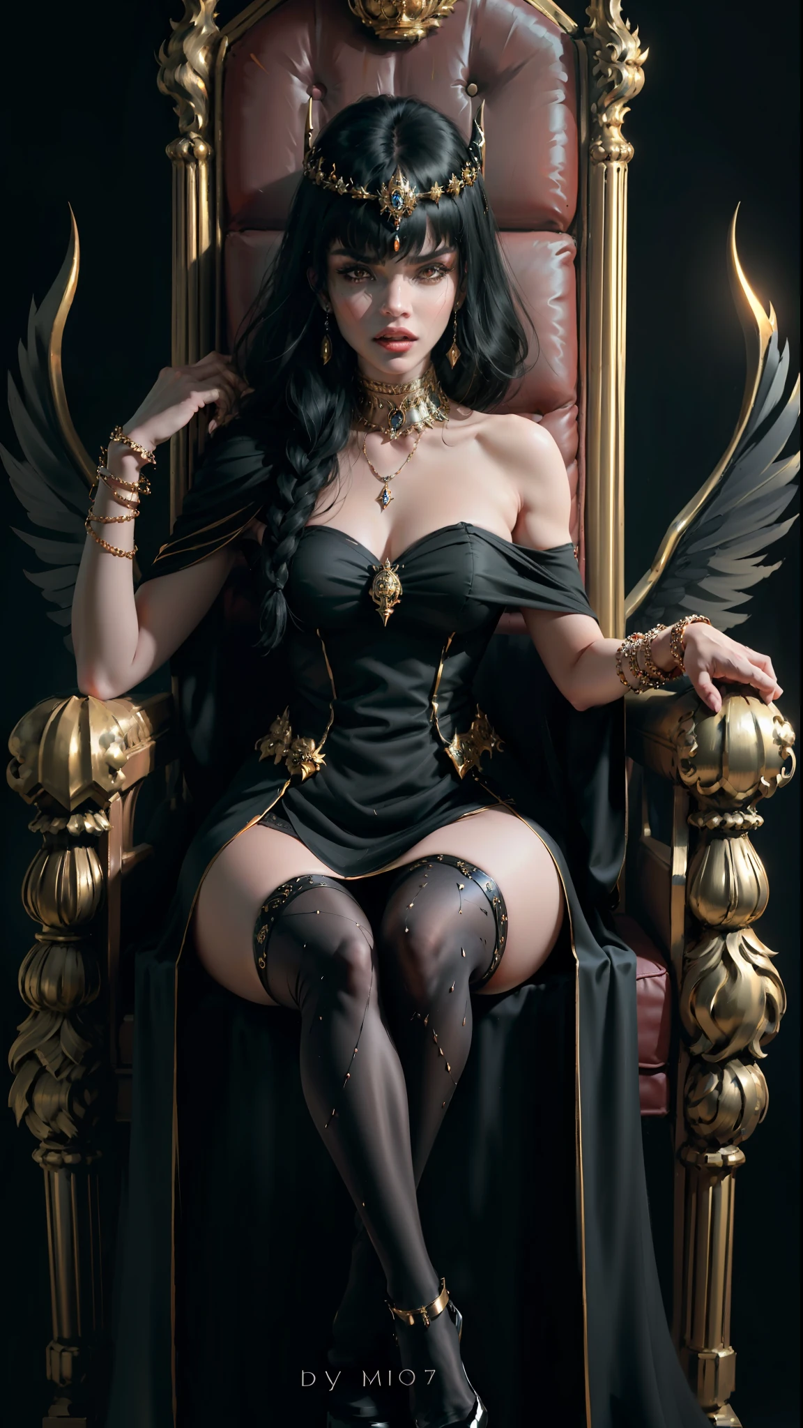 ((mejor calidad)), ((Obra maestra)), (muy detallado:1.3),Una mujer de pelo negro con flequillo que le cubre los ojos., intimidante reina demonio muy enojada, sentado en el trono vestido todo de negro riendo pulseras pantimedias