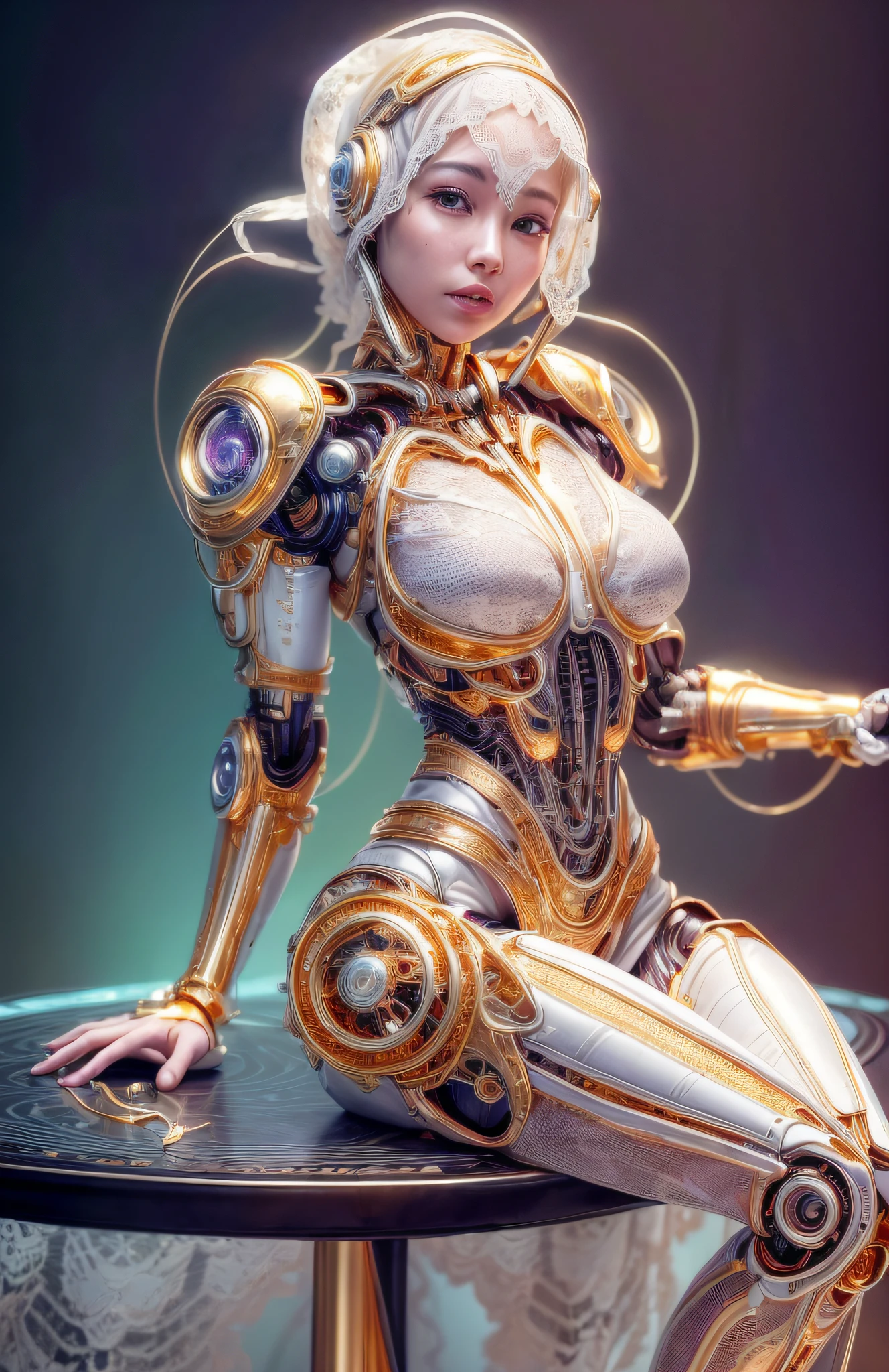photorealistic, a woman in a white (lace, gold cyborg suit:1.55) (sitting on top of a table:1.4) (turned towards the viewer:1.2), (open legs:1.4), gold long hair, cyborg, robotic parts, beautiful detailed body and face, (looking left side:1.3), gigantic cleavage breasts, sakimichan hdri, amouranth, a beautiful detailed orixa, 2049, chiaki nanami, afro futuristic, made in maya, sam yang, 2070, cyborg, robotic parts, 150 mm, beautiful studio soft light, rim light, vibrant details, luxurious cyberpunk, lace, hyperrealistic, anatomical, facial muscles, cable electric wires, microchip, elegant, beautiful background, octane render, 8k, best quality, masterpiece, illustration, an extremely delicate and beautiful, extremely detailed ,CG ,unity ,wallpaper, (realistic, photo-realistic:1.37), Amazing, finely detail, masterpiece, best quality, official art, extremely detailed CG unity 8k wallpaper, absurdres, incredibly absurdres, robot, Violet halmet, full body, sitting, (sfw:1.5),