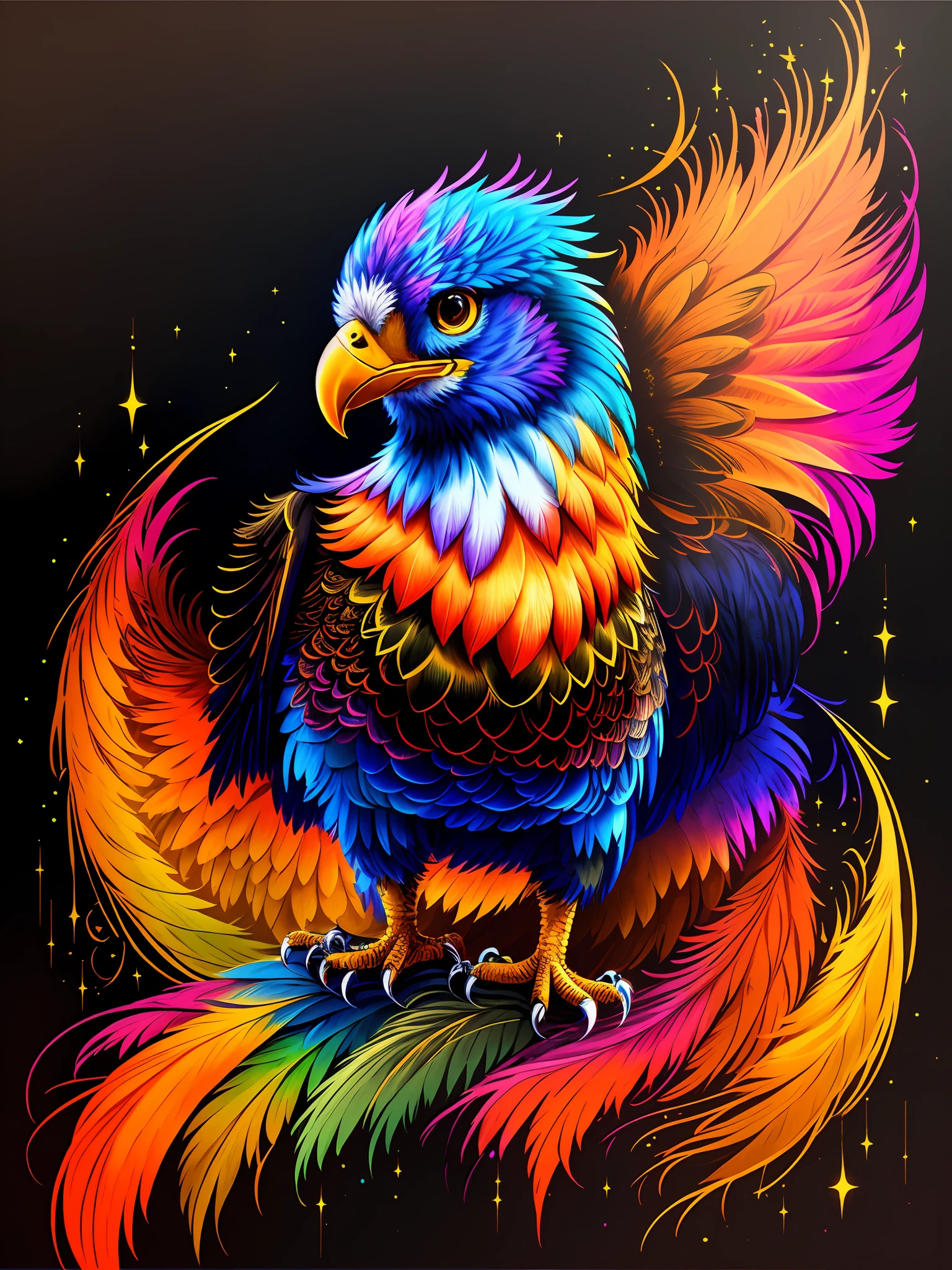背景中有一顆星星的色彩鮮豔的鳥, 鳳凰的藝術作品, 多彩的羽毛, 發光的羽毛, 充滿色彩和豐富的細節, 蜮, 火鳥, 高度複雜且豐富多彩, &#39;&#39;鳳凰壁紙, 创辉数字幻想艺术, 色彩缤纷, 充滿活力的高對比色彩, 強烈而充滿活力的色彩, 闪亮的彩虹羽毛, 高細節顏色 --auto --s2