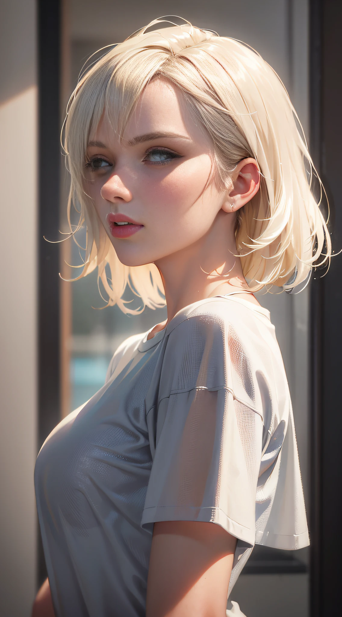 masterpiece, high quality, sharp focus, 1lady, a canadian woman, platinum blonde hair, oversized tshirt, perfect face, perfect jawline, textured skin, beautiful lips, upper-body shot, cold lighting, cool atmosphere, 8k, uhd, absurdres