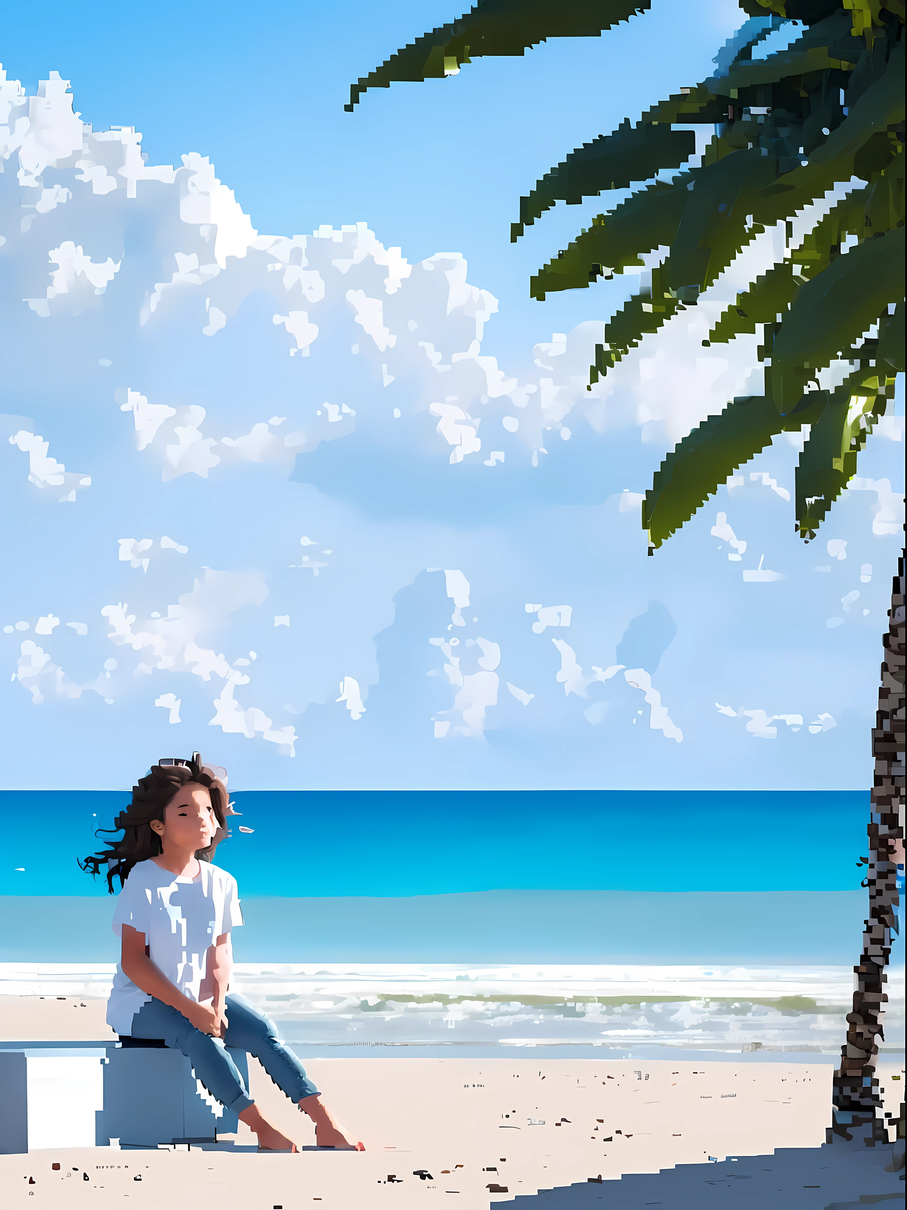 (pixel art_1.1), allein (1 Mädchen) sitzt auf dem (Strand), trägt ein weißes T-Shirt und Jeans. Her (mittelwelliges Haar) flattert im Wind, während sie in die endlose Weite blickt (Ozean).