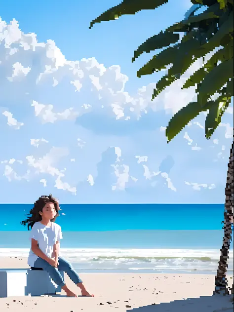 (pixel art_1.1), a lone (1girl) sits on the (beach), wearing a white t-shirt and jeans. Her (medium wavy hair) flutters in the w...