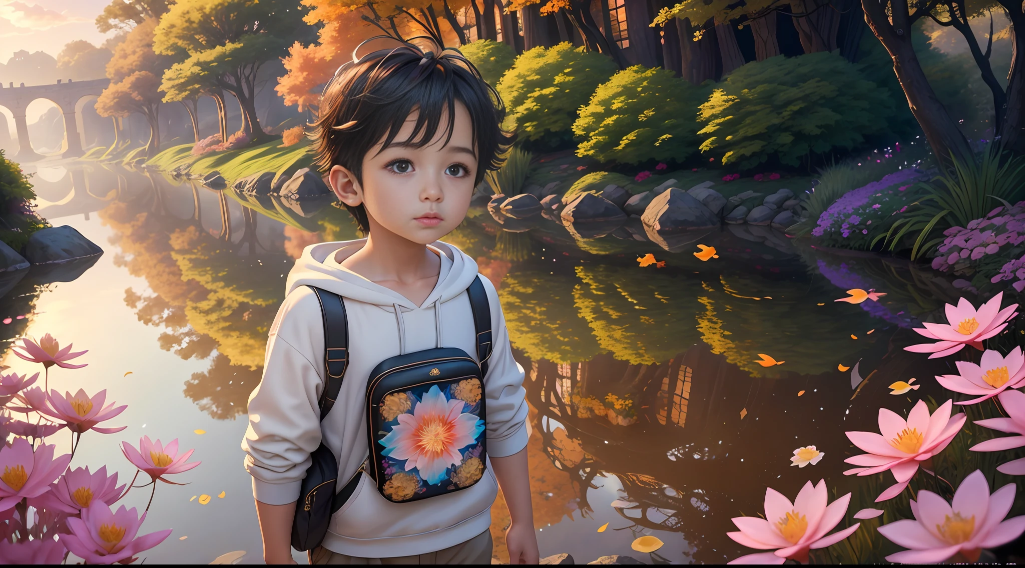 (best quality, masterpiece, ultra-realistic), Masterpiece, best quality, cinematic lighting, beautiful concept art, surrealism, epic scene, 8K, a magical oasis filled with vibrant flowers, sparkling waterfall and an atmosphere of mystery. a little boy Milo's eyes widened in astonishment as he stepped onto the path, feeling a tingle of anticipation.(best quality, masterpiece), grain, wind, flower, upper body, looking at viewer, galaxy. (best quality, masterpiece, surreal), Masterpiece, best quality, cinematic lighting, beautiful concept art, surrealism, epic backgrounds, 8K, Milo is a boy, boy wearing shorts, white hoodie and brown school bag. 1 boy and 1 squirrel, a shimmering pond with lots of colorful koi fish. The reflection of the water dancing with the sunlight, the pond is the gateway to extraordinary adventures that are spooky and magical, the colors shimmering, sparkling, dazzling. Masterpiece, High Quality, Castle, Fantasy, Glow Plants, Coral Viaduct, (Glowing Jellyfish), (Flock of fish with transparent wings flying in the sky), Mist, Extreme limb Detail, Morning Light, Epic Layout, (Intricate detail) ), (Intricate Design, Super Detail: 1.2), Art Station, (Masterpiece, Best Quality), Ultra HD, 32k ,castle,ruins ,(Underworld),Underground --v 6