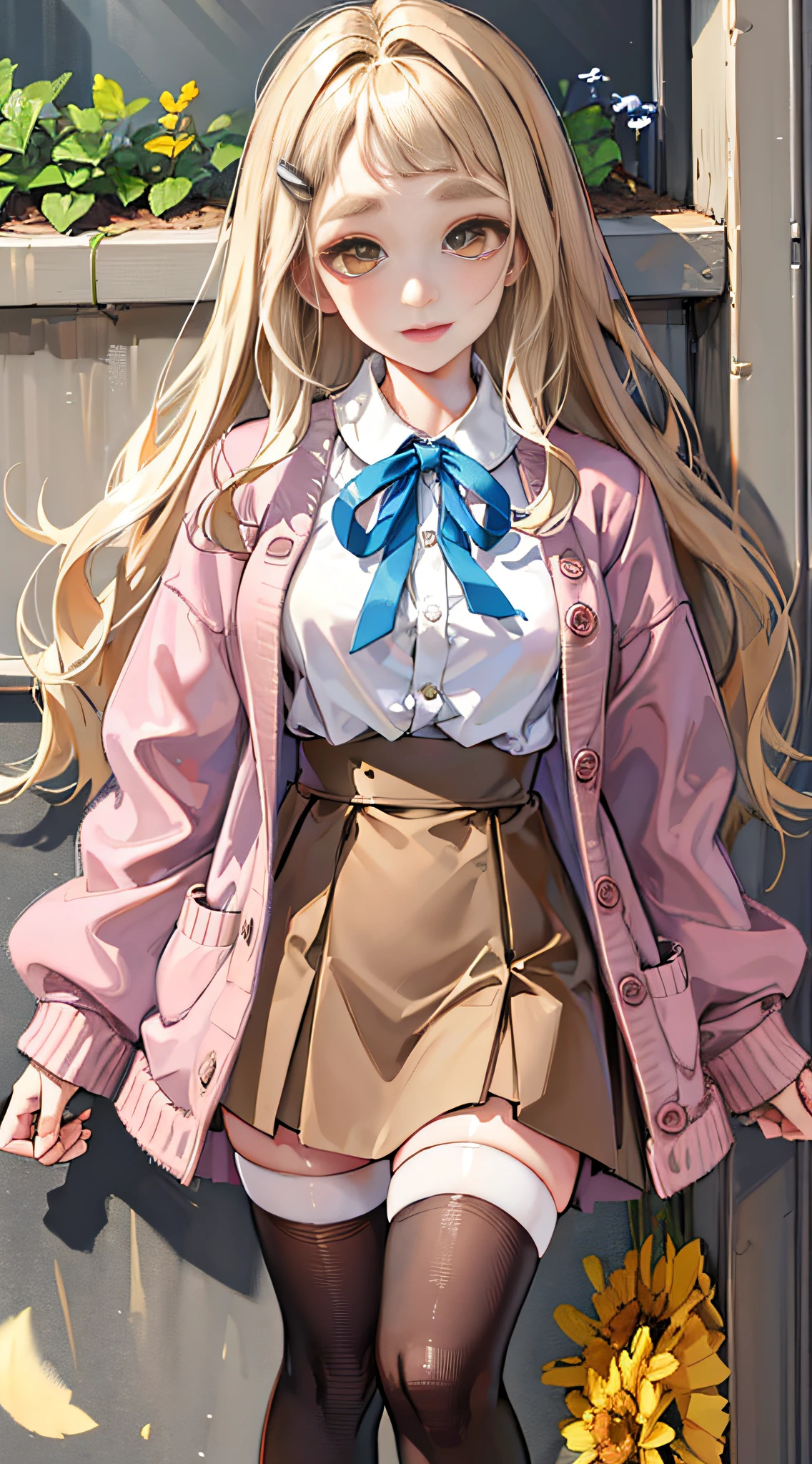 Masterpiece, Best Quality, High Resolution, 1girl, Virtual YouTuber, Skirt, Solo, Long Hair, Stockings, Shirt, Blonde, Brown Skirt, White Shirt, Ribbon, Neckband, White Stockings, Sleeves Over the Wrist, Collared Shirt, Thick Eyebrows, Hair Accessories Long Sleeves Extra Long Hair Blue Ribbon Cardigan Cardigan Bangs Cardigan Pink Cardigan Jacket Yellow Eyes Pleated Skirt Shirt Tuck In Wavy Hair High Waist Skirt Pink Jacket Cardigan Standing, Denim Shooting, Outdoor,