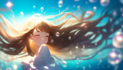 1 girl, closed eyes, smile, angel, underwater, water bubbles, reflection, long light brown hair, bloom, depth of field, bokeh