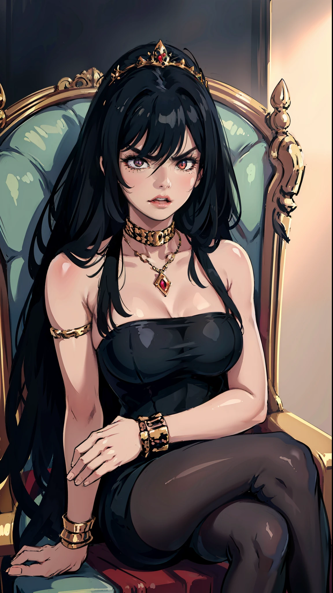 ((Best quality)), ((masterpiece)), (highly detailed:1.3),a woman black hair bangs covering her eyes, intimidating demon queen very angry, sitting on the throne dressed all black laughing bracelets pantyhose