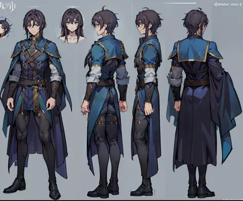 1man, reference sheet, (fantasy character design, front, back, side) manly, mage, magic user, inscripted runes, broad shoulders, tall, lean athletic build. magical blue eyes, lengthy dark brown hair, neatly kept. flowing runic robes.
