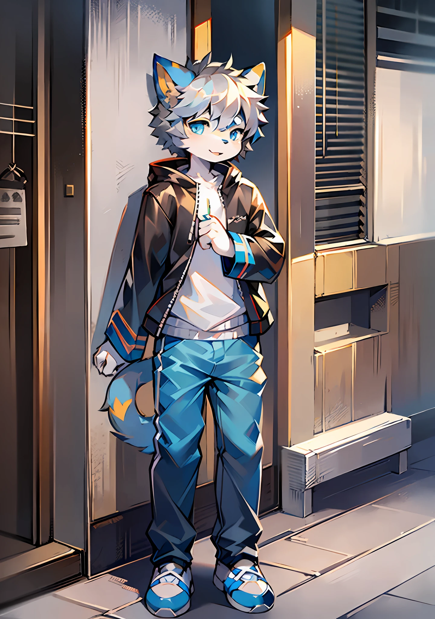 Bright eyes, panorama, character focus solo, furry, furry male cat, male yellow-white fur, blue eyes, gray hair (long) loli style, little cute, will sell cute, wearing blue clothes and pants, the character is standing