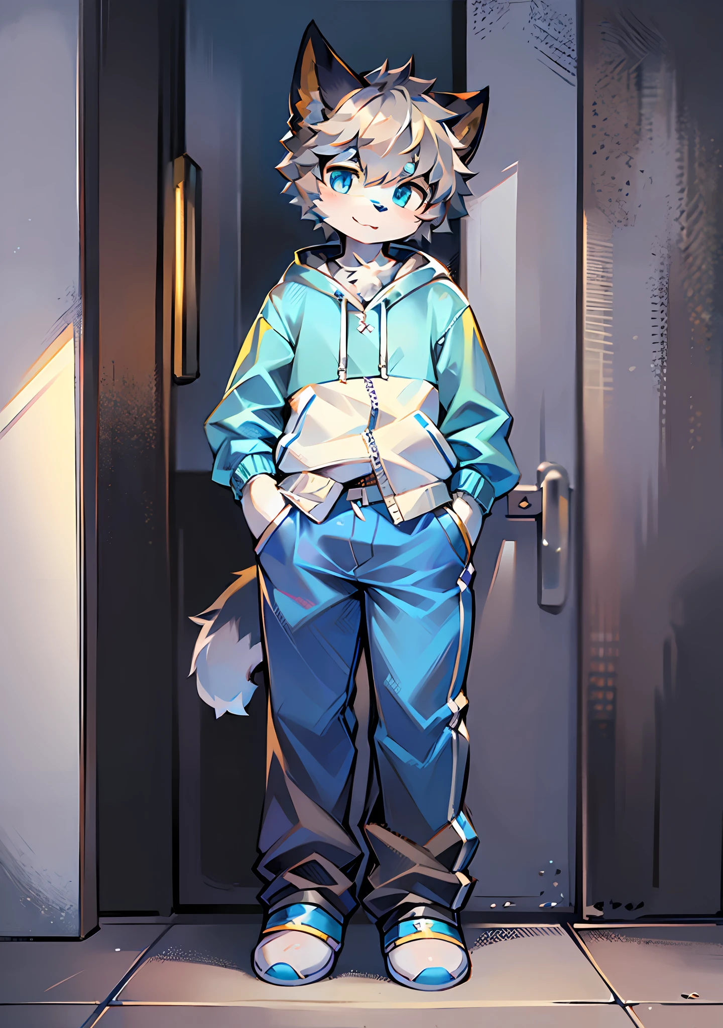 Bright eyes, panorama, character focus solo, furry, furry male cat, male yellow-white fur, blue eyes, gray hair (long)  style, little cute, will sell cute, wearing blue clothes and pants, the character is standing