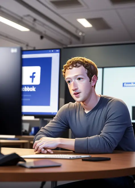 a photo of mark zuckerberg, creator of facebook, in the facebook office, in the background has the facebook logo