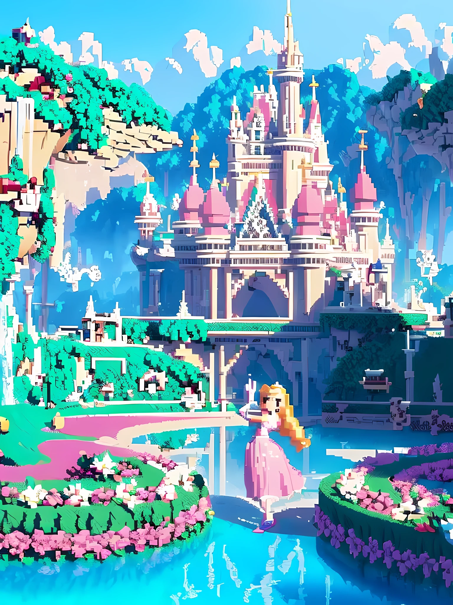 ((impresionante arte de píxeles:1.2), (paisaje de parque ultrarrealista:1.1)), Princesa Peach saludando