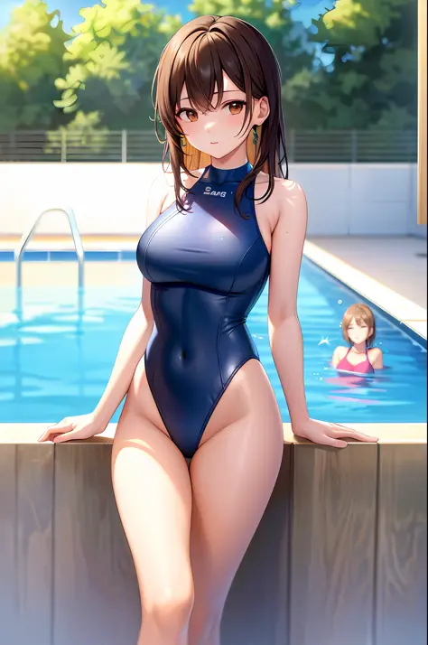 one women in swim suits standing next to a swimming pool, a photorealistic painting by Yanjun Cheng, pixiv, conceptual art, wet swimsuit, is wearing a swimsuit, swimsuit, next to a pool, wearing leotard, alena aenami and lilia alvarado, ayami kojima and ly...