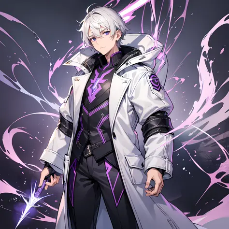 Masterpiece, 30 years age, male, short Silver hair, wearing white coat, Slanted eyes, standing at Small island, Holding a purple...