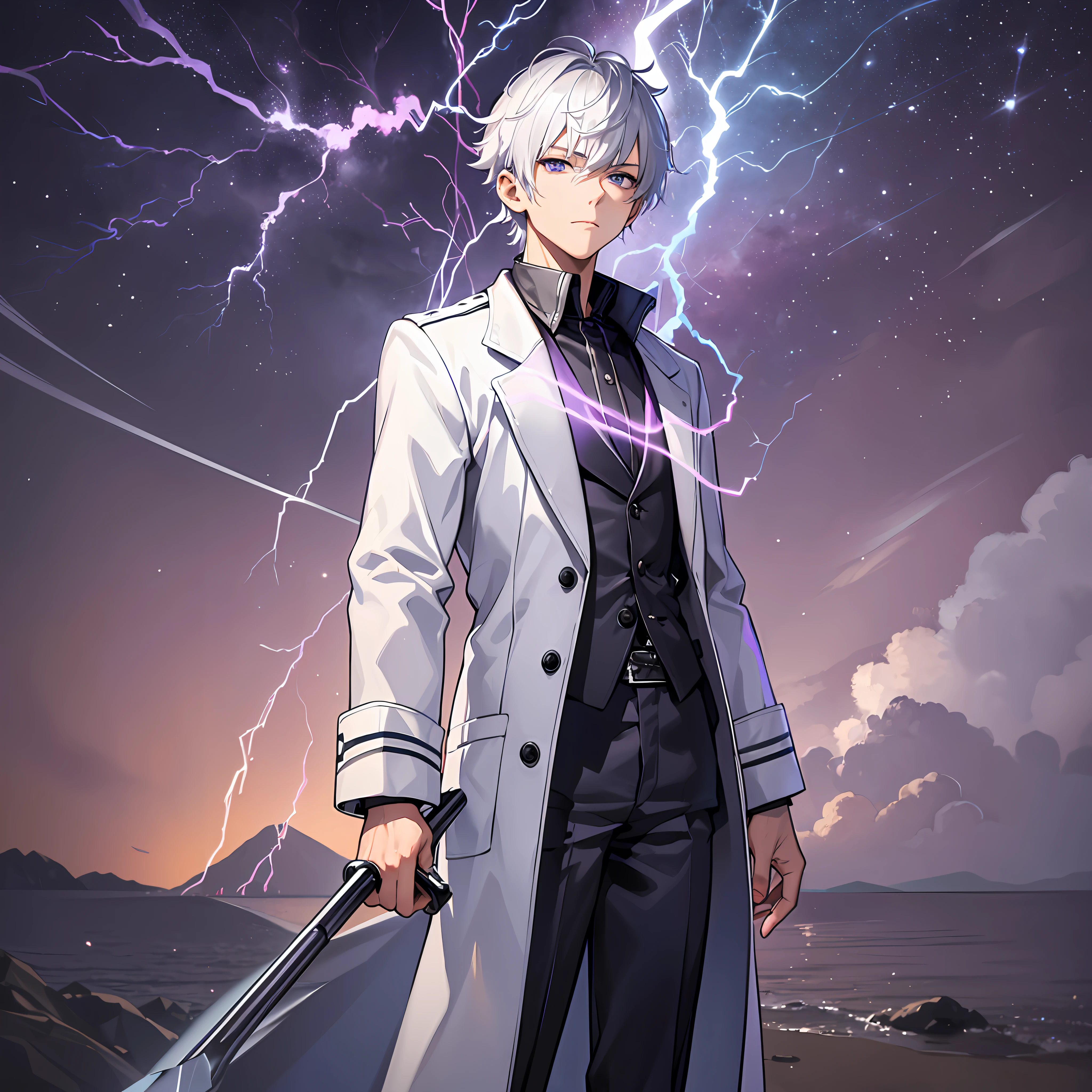 Masterpiece, 30 years age, male, short Silver hair, wearing white coat, Slanted eyes, standing at Small island, Holding a purple Lightning rod, serious expression, with a sharp gaze, beautiful face, Full body, zoom out