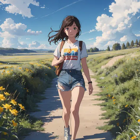 (Best Quality, 8k, 32k, Masterpiece, UHD: 1.2, Ray Tracing: 1.2, Real: 1.2), 1girl, (Side: 1.5), Yellow Short Sleeves, Denim Shorts, Sneakers, (Prairie, Long Range, Running in Prairie: 1.5), Happy, Blue Sky, White Clouds, Meadow, Little Flower, --auto --s2