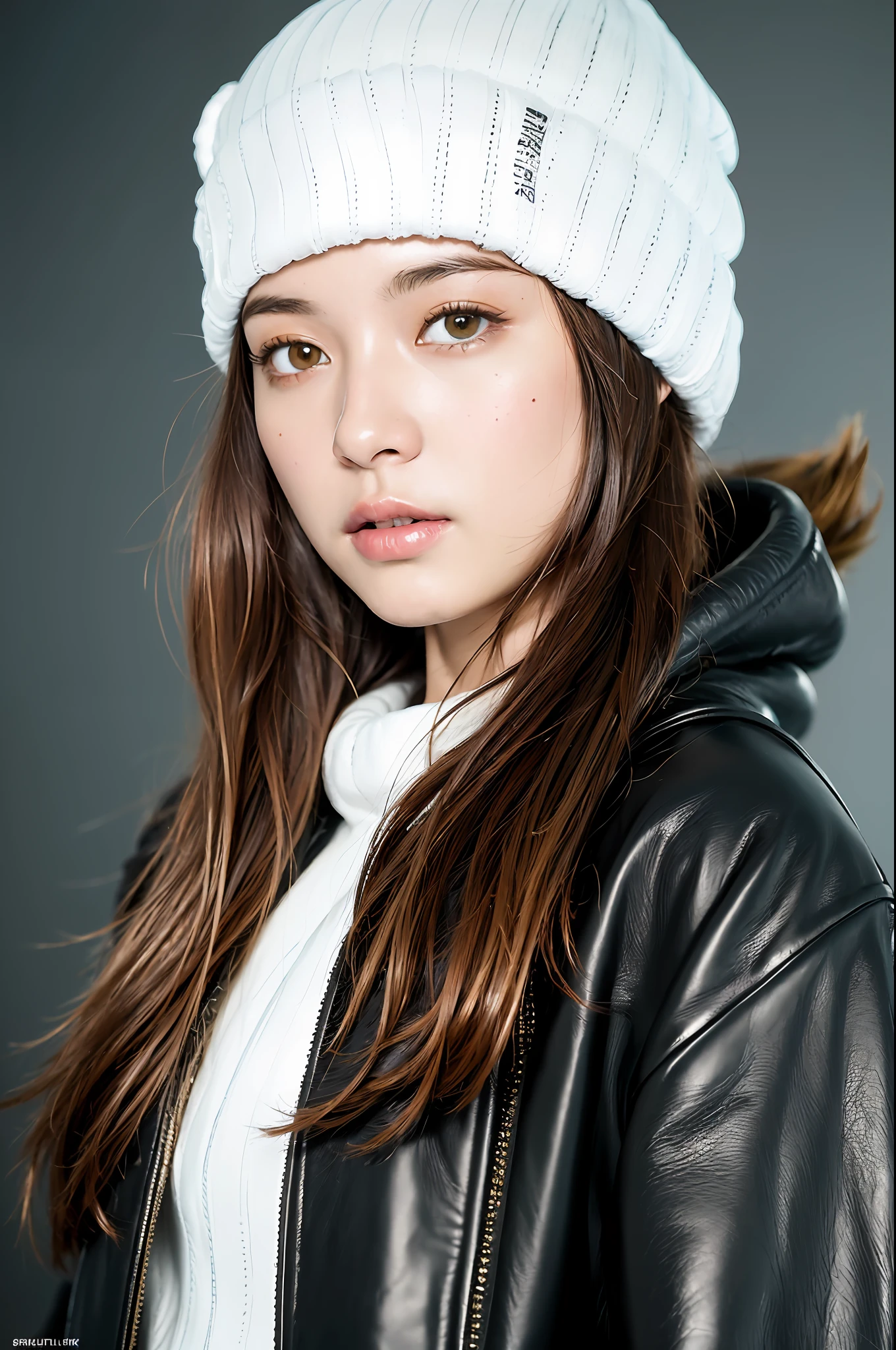 (
(8k:1.27), best quality, masterpiece, ultra highres:1.2) Photo of Pretty Japanese woman
 (beautiful:1.1) (sci-fi warrior woman:1.1) space soldier, (beanie:1.61) (leather jacket:1.21) intricate elegant, fantasy, detailed, ometric by greg rutkowski and alphonse mucha, gradient lighting