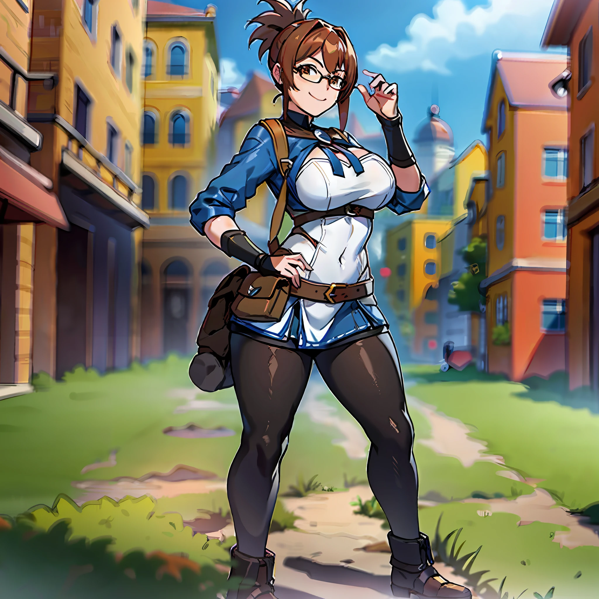 marci dota2, absurdres, high quality, best quality, 1girl, black pants, big breasts, solo, boots, standing, smile,hand on hip, brown eyes, looking at viewer, long sleeves, anime coloring, anime screencap, brown backpack, muslos grandes, wide hips, cuerpo de reloj de arena, trasero grande, venus body