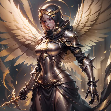 Golden armored angel, wings made of energy, metal halo, no face, hooded, gold, fantasy, concept art, ultra realistic, character ...