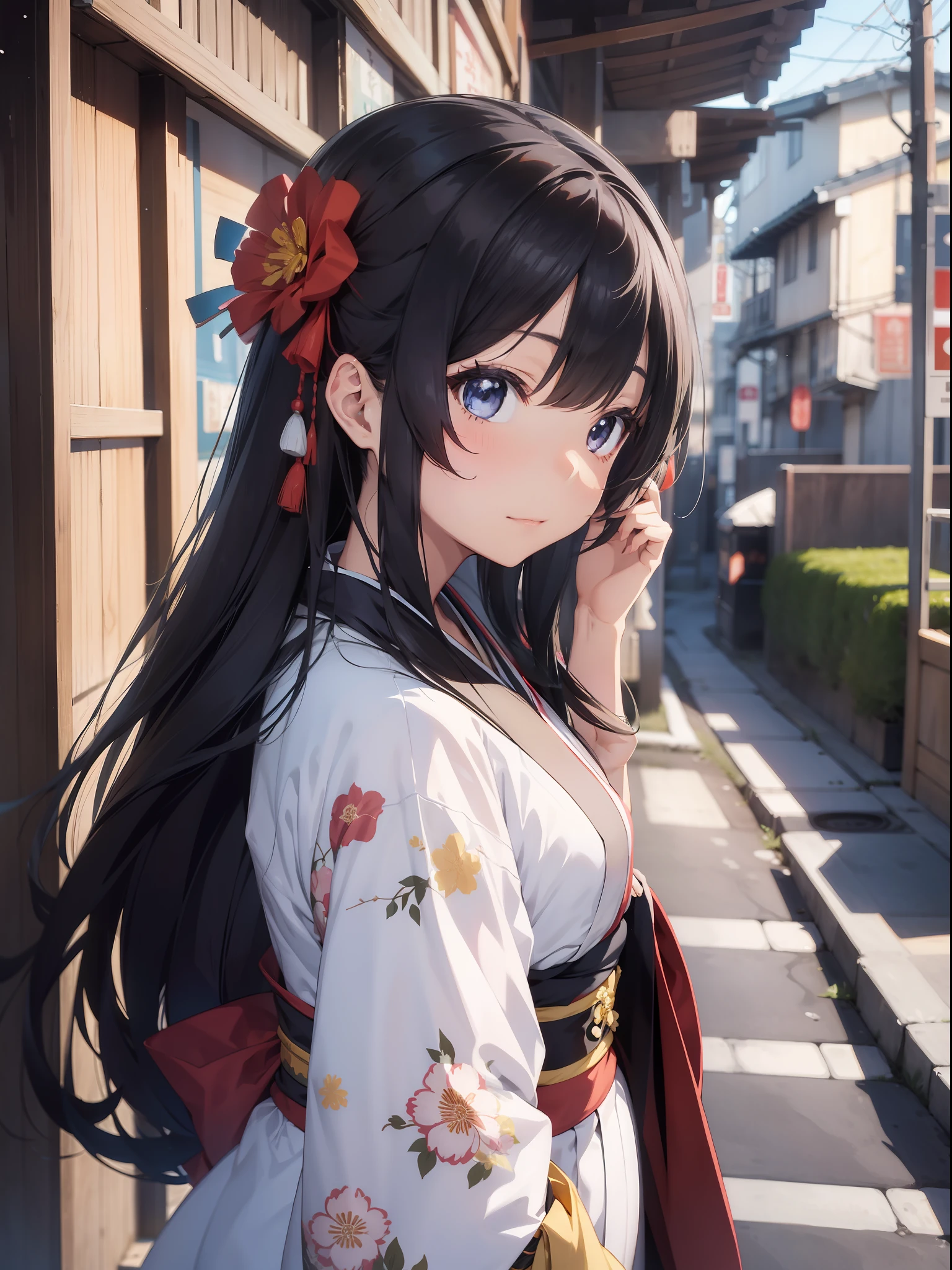 A beautiful [[beautiful Japanese]] girl with long [[long black hair]] wearing a kimono.--style Anime Girl