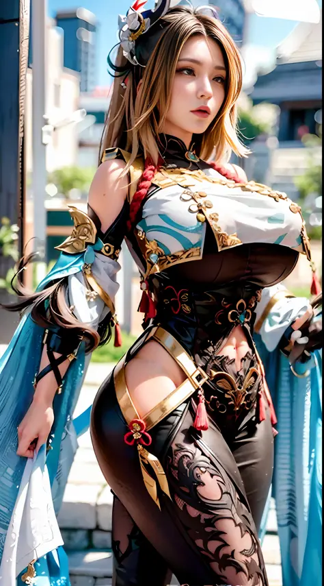 Unreal Engine 5 Realistic Rendering, highres, wearing cosplay Shenhe from genshin impact, Genshin Impact, game character, cosplayer, Standing on kyoto castle, beautiful face, top body is hyper realistic thicc muscle and hyper largest_breasts!! with the typ...