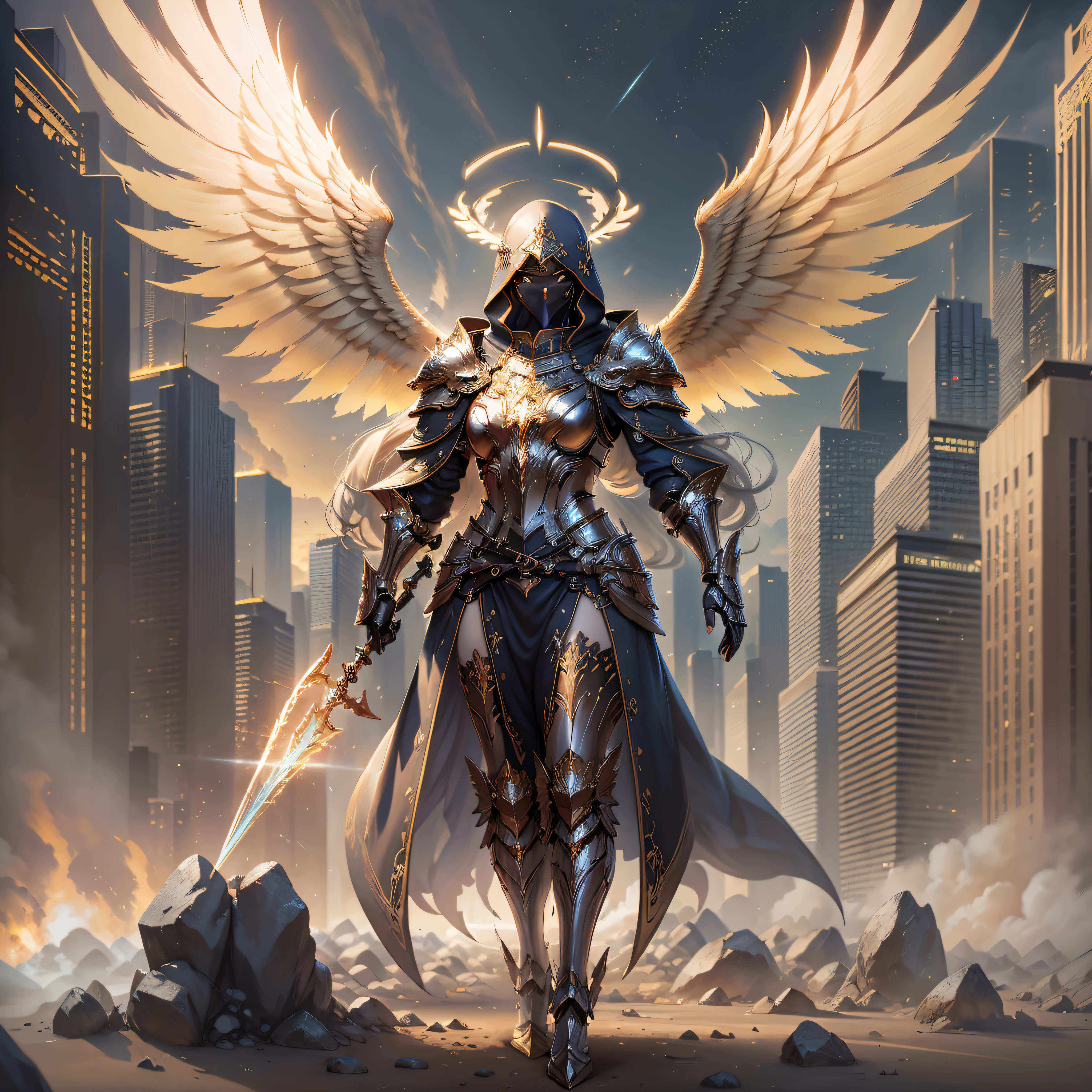 Golden armored angel, wings made of energy, metal halo, no face, hooded, gold, fantasy, concept art, ultra realistic, character art by greg rutkowski