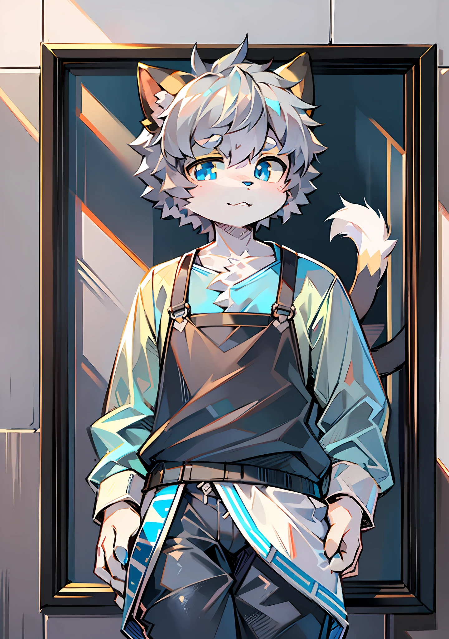 Bright eyes, character bust photo, Q version, avatar frame, character focus, solo, furry, furry male cat, male yellow-white fur, blue eyes, gray hair (long)  style, little cute, will sell cute, wearing blue clothes and pants, has a tail
