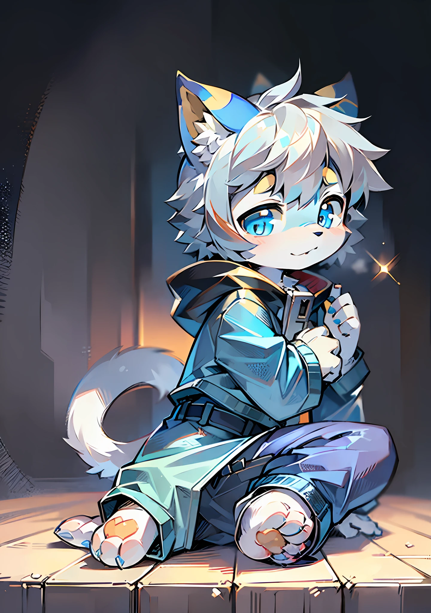 Bright eyes, character bust photo, Q version, avatar frame, character focus, solo, furry, furry male cat, male yellow-white fur, blue eyes, gray hair (long)  style, little cute, will sell cute, wearing blue clothes and pants, has a tail