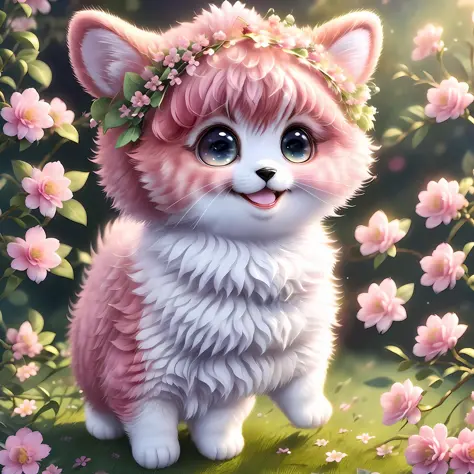 calico, realistic, hairy, clothed animal, apple, bear, blush, full body, non-human, jumping, smiling, sparkly in eyes, miniature, tree