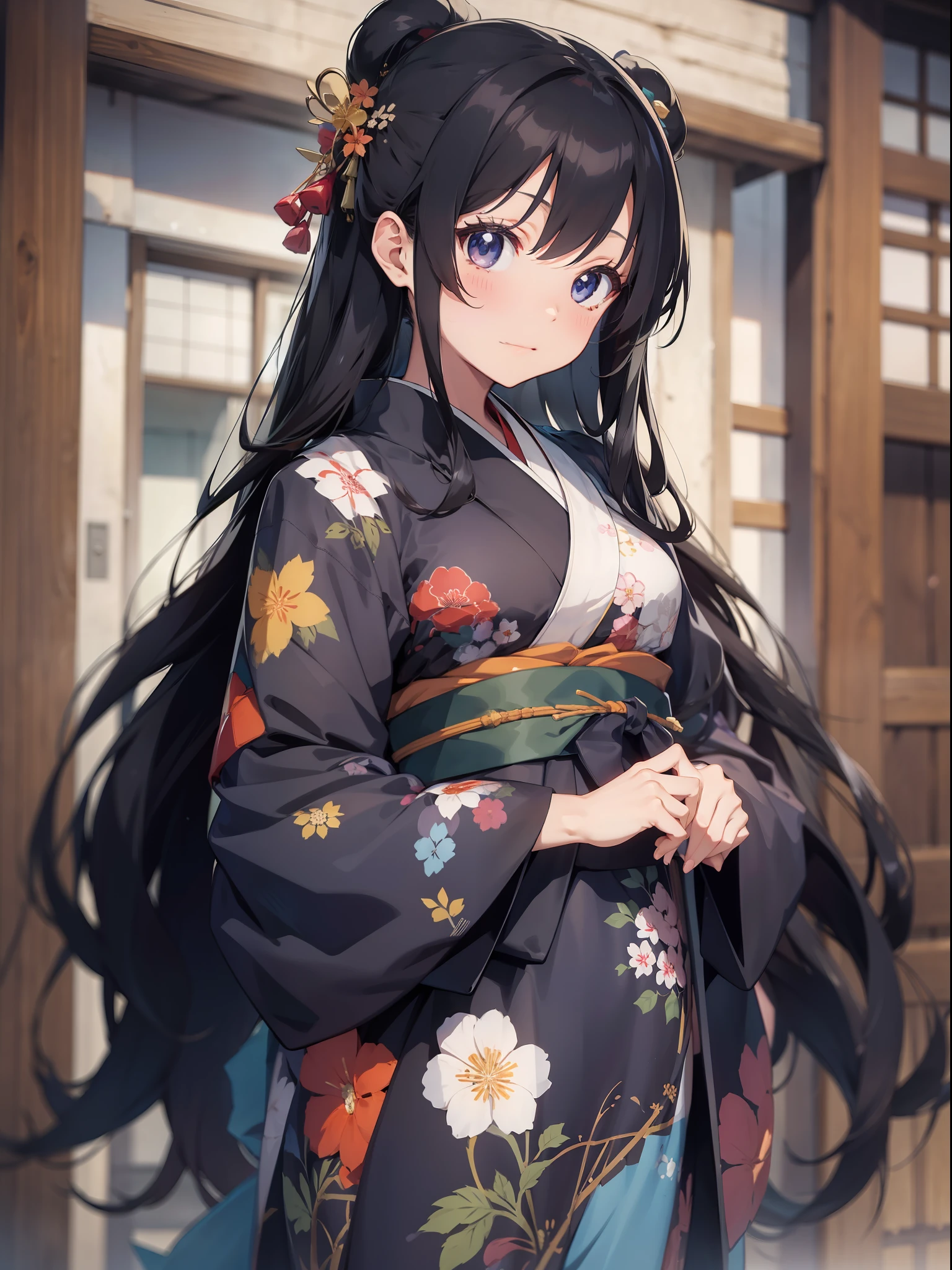 une belle [[Belle japonaise]] fille avec longue [[longs cheveux noirs]] porter un kimono.--style Anime Fille