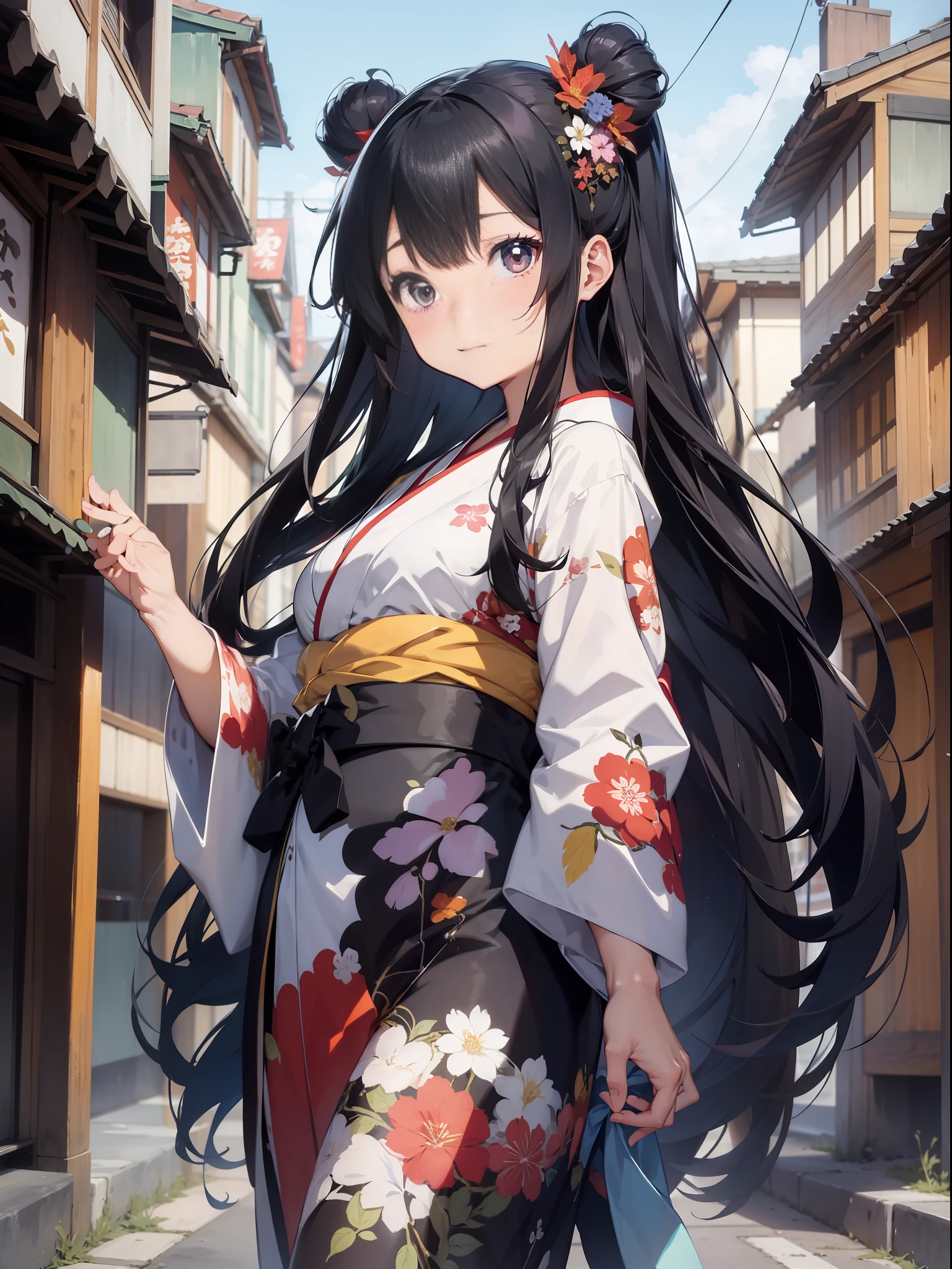 Una hermosa [[hermosa japonesa]] chica con largo [[pelo largo y negro]] Usando un kimono.--estilo chica anime