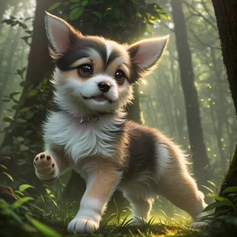close up photo of a very cute jumping puppy in the forest, soft volumetric lights, (backlit:1.3), (cinematic:1.2), intricate details, (ArtStation:1.3), Rutkowski --auto --s2