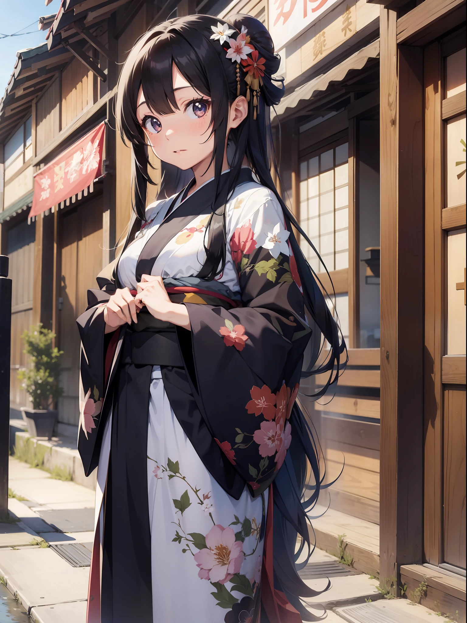 A beautiful [[beautiful Japanese]] girl with long [[long black hair]] wearing a kimono.--style Anime Girl