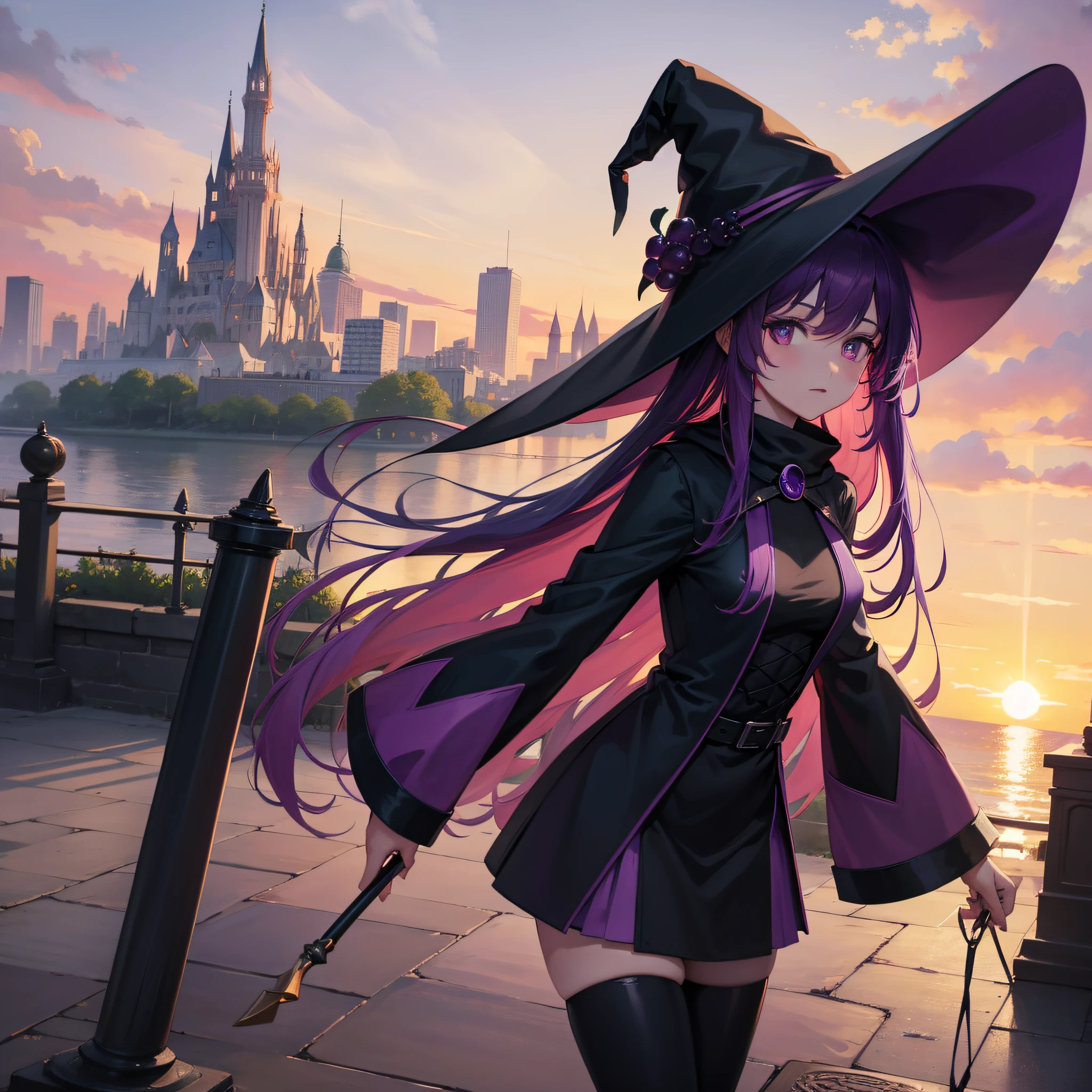 Witch, Cyber grape colors, witch hat, witch outfit, standing outside a city at sunset, masterpiece, best quality