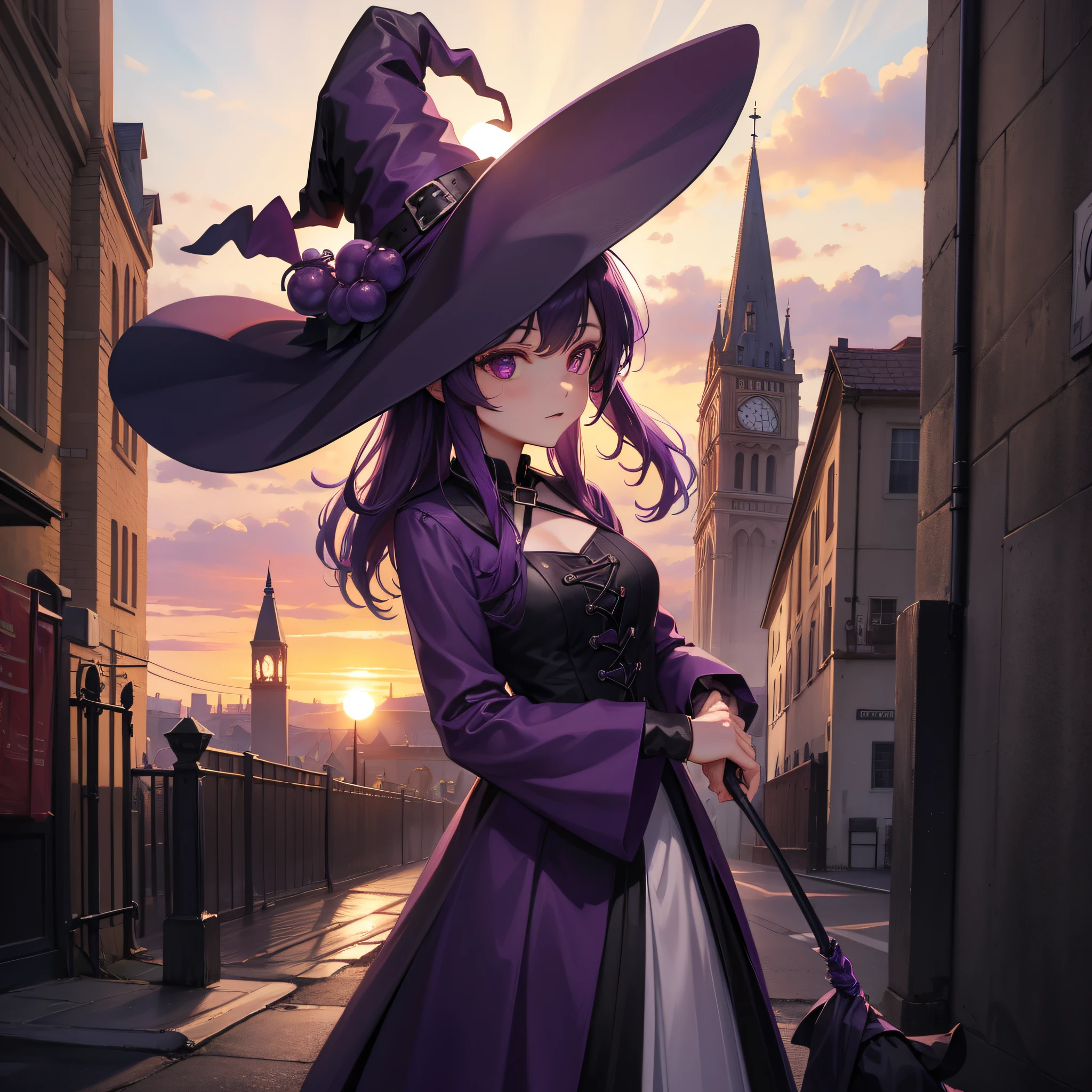 Witch, Cyber grape colors, witch hat, witch outfit, standing outside a city at sunset, masterpiece, best quality