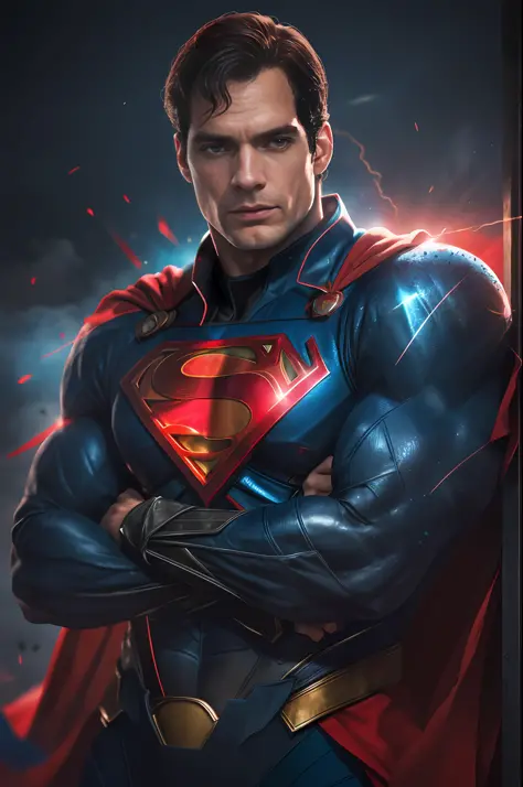 1 man, solo, Henry Cavill as Superman, 40s year old, all blue and red details suit, bare hands, big red S symbol on the chest, red cape, strain of hair covering forehead, short cut hair, tidy hair, tall, manly, hunk body, muscular, wide shoulder, straight ...