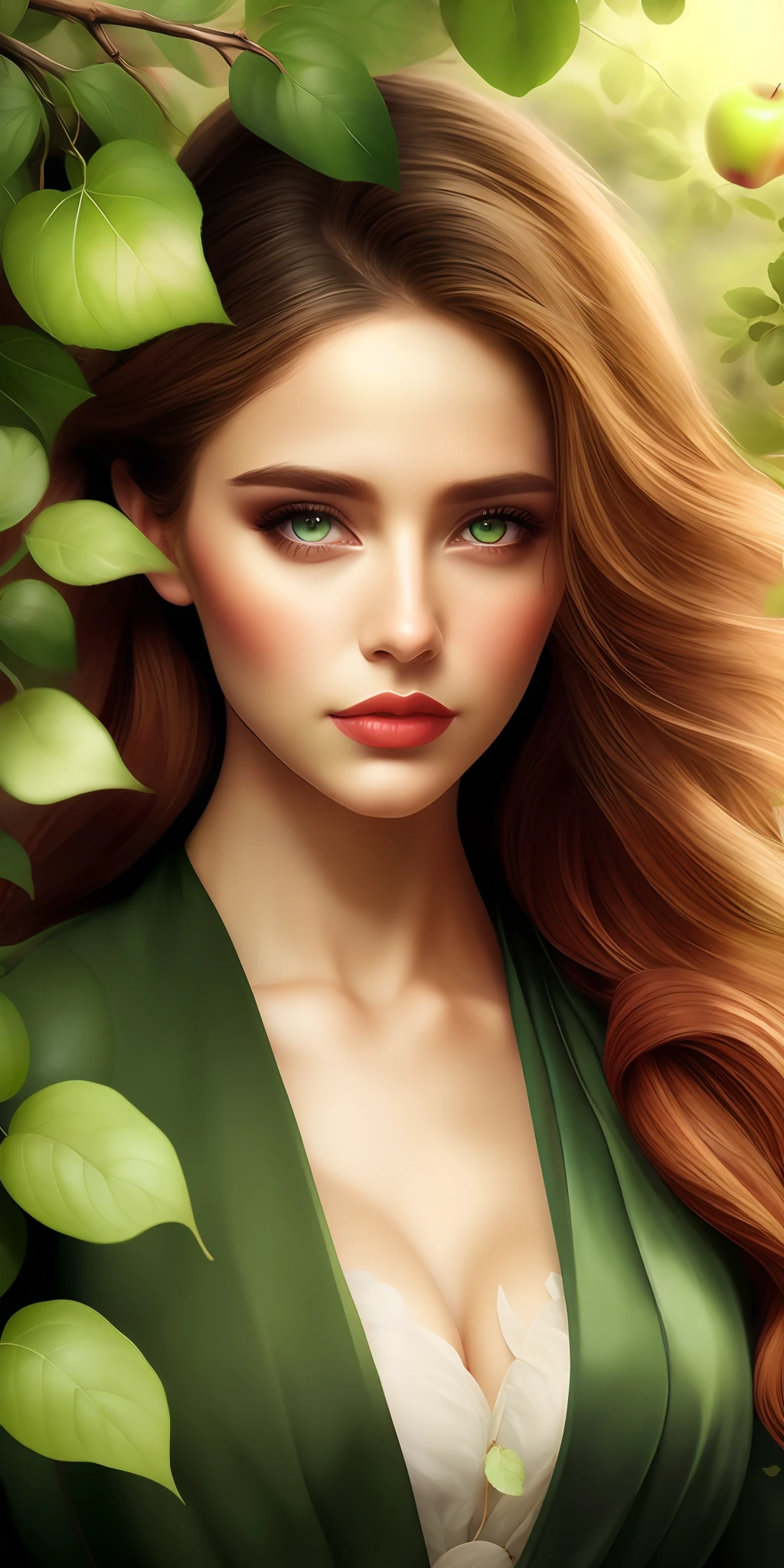 Лучшее качество,Самое высокое разрешение,8К, Художественная иллюстрация, красивый портрет, шедевр, самая красивая женщина,Самая красивая девушка, Жадные глаза,одетый в листья, одетые в зеленые листья,the Самая красивая девушка in profile in front of яблоня, Жадные глаза,,яблоня,яблоки на ветках