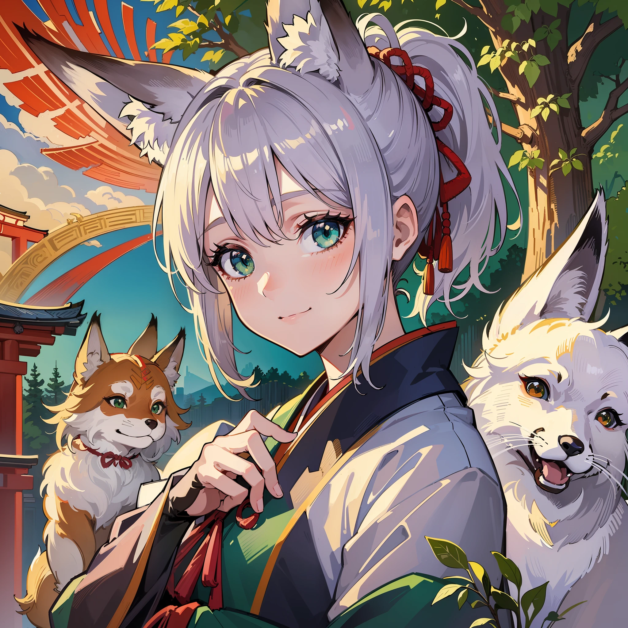 ((masterpiece, super definition, detail, best quality, illustration)), silver-haired, short-haired, ponytail, beautiful green eyes, animal ears, fox, red ribbon, fox tail, big, traditional landscape of Japan, detailed shrine, ((one fox tail grows)), kimono, smile,